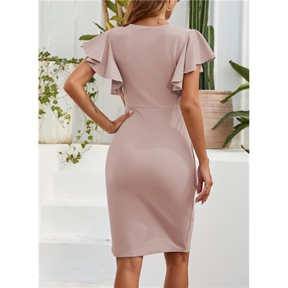 Women's V Neck Ruffle Sleeve Bodycon Sheath Wrap Ruched  Cocktail  Dresses - Picture 2 of 4